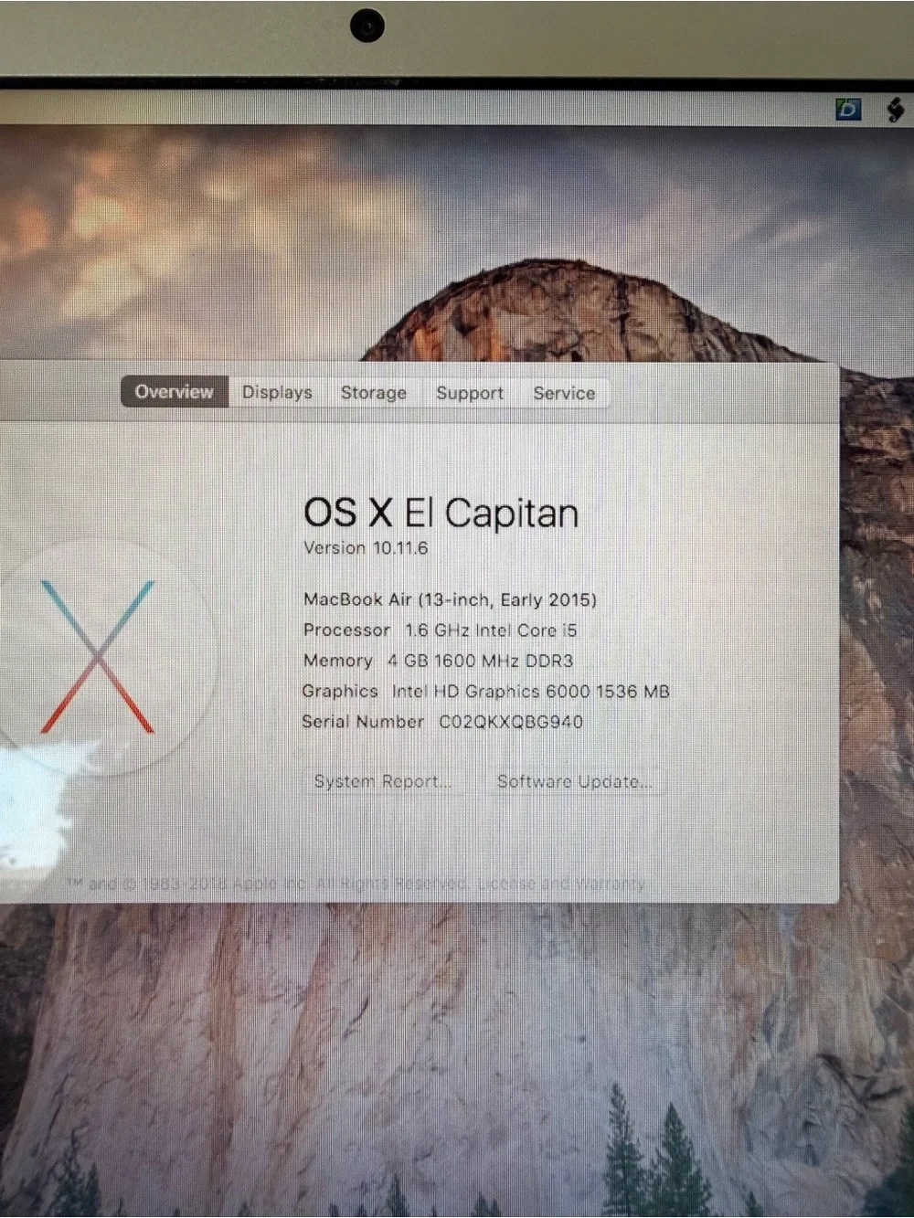 Apple MacBook Air 13 2015 Intel i5 1.6GH 4GB RAM El Capitan - NEEDS NEW BATTERY